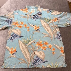 Islander Mens L Washable Silk Hawaiian Shirt Blue Tropical Floral Camp Aloha